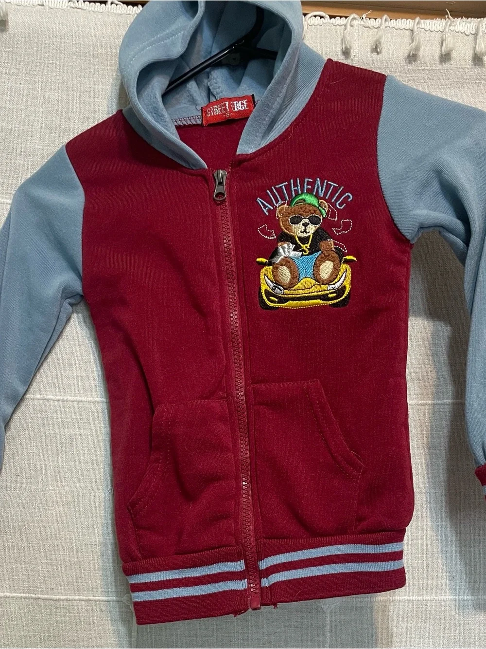 Boys Burgundy & Gray Street Edge Teddy Bear Hoodie. Size 5